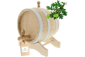 HOFMEISTER HOLZWAREN HOFMEISTER® Tonneau en chêne 5L pour vin, Whisky & Eau-de-Vie, Fabrication Artisanale UE, avec Robinet, Bouchon & chevalet, Dimensions 27,5 x 24 x 28 cm