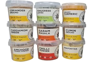 Nature Kitchen 9x Essential Indian Spices, Curry Spice Seasoning Set. Gluten-Free Herbs and Spices for Cooking Recipes. Includes Cumin, Turmeric, Amchoor, Fenugreek, Cardamom and More