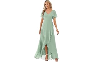 Ever-Pretty Robe pour Mariage Invité Femme Longue Asymétrique Manches Courtes Col V Fendue Fluide Chic ES01749
