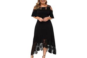 AMhomely Plus Size Dresses for Women Sexy Lace Splicing Cold Shoulder Ruffle Sleeve Dress Casual Loose Dress Summer Maxi Long Dress Oversized Hawaiian Beach Dresses Cruise Outfits Dresses