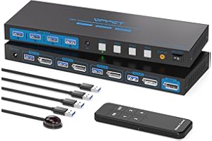 AILVLVNG 4K144Hz DisplayPort KVM Switch 4 Computers 1 Monitor USB3.0 8K@60Hz 4 Ports DP KVM Switches 4 in 1 Out for 4 Computers Share 1 Monitor and Keyboard Mouse etc. with Controller