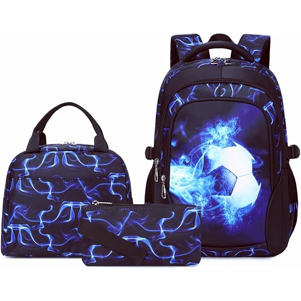 Sellikakes 3 Juegos De Mochila Escolar Con Estampado De Fútbol Para Niños Y Adolescentes, Bolsas De Libros Escolares Con Lonchera Con Cremallera, Caja De Lápices Para Niños, Bolsas De Escuela