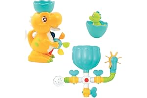 LUDI - Coffret de Bain Dino - 1 Circuit d’Eau à Construire, 1 Grand Dinosaure, 1 Bébé Dino Aspergeur - Jouet de Bain pour Bébé à Ventouser - Modulable, Evolutif et Éducatif - À Partir de 18 Mois