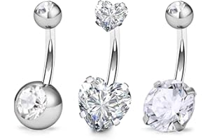 FECTAS 3pcs Silver Belly Button Ring Top Zirconia 316L Surgical Steel 14G Navel Bars Piercing Jewellery