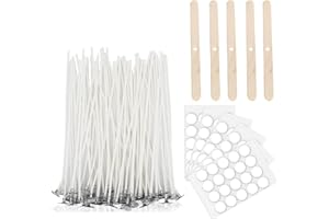 BINJCE 100 Pièces Meche Bougie, Meches pour Bougies 10 cm, Kit Meche a Bougie,Mèches pour Bougies, avec Supports de Bois et Autocollant meches pour,Fabrication de Bougies (10cm Set)
