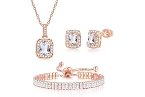 FDEETY Conjunto Joyería Cuadrado Cristal Azul Collar Pendientes Pulsera Ajustable Brillante Circonitas Incrustadas Elegante