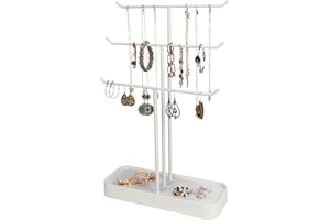 J JACKCUBE DESIGN JACKCUBE DESIGN Metal 3 Tier Jewellery Display Stand Tree Organiser Bracelet Necklace Holder Rack Hanger Tower with Earring Ring Tray Storage Tabletop(White, 30.7 x 10.4 x 40.8 cm) – :MK320F