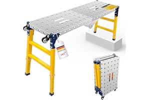 VKE Plateforme de Travail 120 × 36 × 90 CM en Tôle Galvanisée, 500 KG Capacité de Charge, Échafaudage Portable, Table de Soudure Pliant avec 4 roulettes Universelles, Réglable en Hauteur