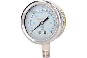HYUDUO Manomètre Rempli de Glycérine, Double Graduation Bar Mpa, Jauge de Connecteur Fileté 1/4" NPT pour la Mesure de la Pression Liquide(0 à 6 MPa)