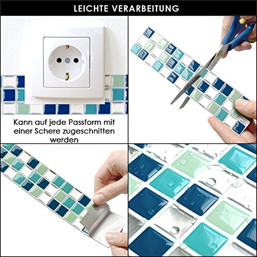 4er Set 25,3 x 5,4 cm Grandora Mosaik 3D Fliesenaufkleber W5195 selbstklebend Küche Bad Wandaufkleber Fliesendekor Folie blau türkis silber - 3