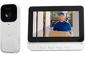 Honseadek Sonnettes vidéo 10,9 cm Sonnette vidéo intelligente avec écran de 10,9 cm, caméra de sonnette vidéo sécurisée, interphone bidirectionnel sans fil pour un accès pratique à la maison (Blanc)
