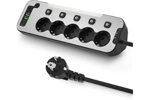 Ecksteckdose Küche und Büro, Steckdosenleiste Einzeln Schaltbar 5-Fach,Tischsteckdose mit USB C,Wandmontage Mehrfachsteckdose mit Schalter,Metall Steckerleiste Überspannungsschutz 2M Kabel,Schwarz