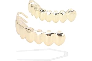 OREQ Gold Grills for Your Teeth, Gold Plated Hip Hop Teeth Grillz Punk Custom Fit Teeth Grillz, Fake Teeth Mouth Top and Bottom Gold Vampire Fangs for Halloween Party, Rapper Costume