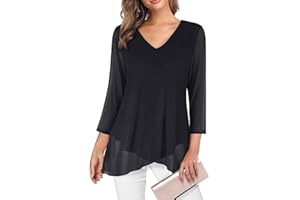 Adigaber Camisas para Mujer Elegante Manga 3/4 y Cuello en V Blusa Suelta Sólidos Estampadas Casual Gasa Shirt