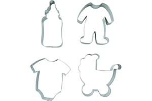 BekkiB 2464 – Set di 4 formine per biscotti "Baby" – Boccetta, carrozzina, pagliaccetto – tagliapasta lavabile in lavastoviglie in acciaio inox