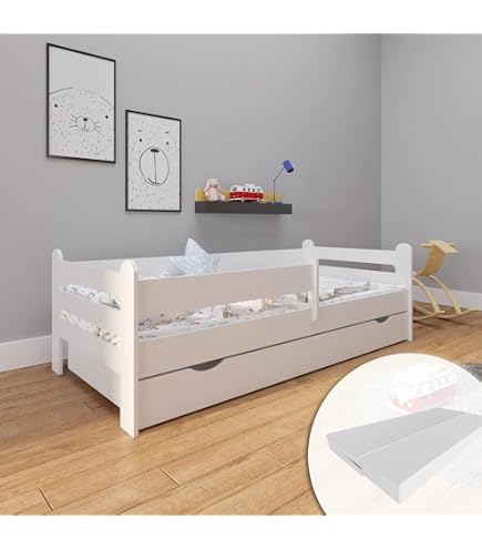 Kids Collective Letto Bambino 80x160 Cm Con Materasso, Cassetto, Rete A Doghe E Sponda, In Pino Massello Bianco, Per Età 3-10 Anni