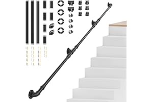 POTUEM Stair Handrail, 3M Non-Slip Handrails for Stairs, Safety Industrial Iron Pipe Wall Mounted Indoor Outdoor Hand Railing Suitable for The Elderly, Children, Disabled, Pipe Diameter 2.5cm