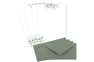 GLÜXX-AGENT Set di 25 fogli per lettere, formato DIN A4, carta naturale in color crema con rami di eucalipto, con buste formato DIN lungo di colore verde eucalipto, stampabile, ideale per inviti di matrimonio