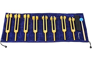DRELD Chakra Tuning Forks Set, 7 Chakras + 1 Soul Purpose Weighted Tuning Forks with Allen Key, Silicone Hammer, Bag, Cleaning Cloth, for Healing, Sound Therapy, Instrument, Balancing, Vibration (Golden)