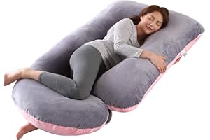 SHANNA Almohada embarazada dormir, Almohada lactancia de cuerpo completo, actualización grande en forma de U y soporte de maternidad con funda de terciopelo reemplazable (Rosa y Gris -Terciopelo)