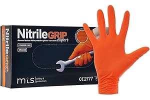 MTS Safety & Protection Gants Jetables XL – Paquet De 50/boîte Gants En Nitrile Gants Orange Nitrile Diamond Structure Grip – Gants Jetables Gants En Caoutchouc Sans Poudre (XL, Paquet De 50)