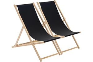 Harbour Housewares Folding Wooden Deck Chairs – Black – Pack of 2 – Adults Traditional Foldable Reclining Outdoor Canvas Sun Lounger Chair Seat for Garden Patio, Beach, Camping
