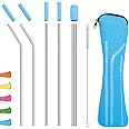 Uoking Metal Straw, 5 Pack Stainless Steel Straws Friendly Drinking Reusable Straw with Silicone Tips Cover & 1 Cleaning Brushes (Blue)