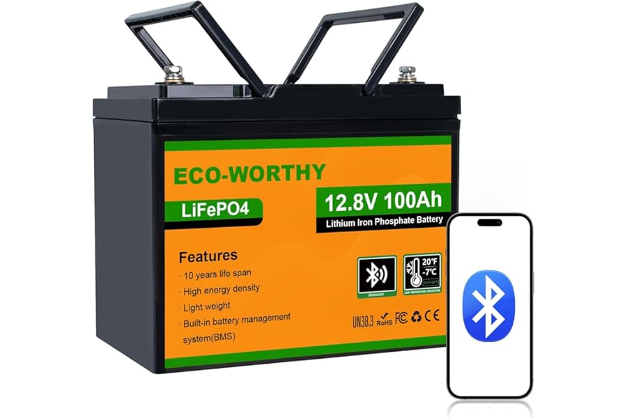 ECO-WORTHY 12V 100AH LiFePO4 Battery, 1280Wh Energy with Bluetooth & Low-Temp Cut off,Built-in 100A BMS,for Motorhomes,Campervan,Narrowboat,Solar