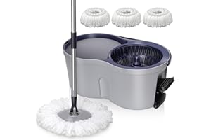 MASTERTOP Mop and Buckets Sets, Spin Mop and Bucket with Foot Pedal, Long Handled 360° Rotating Mops Set with 3 Microfibre Cleaning Heads, Portable Floor Mops Bucket for Cleaning Laminate Wood Tile