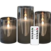 Lot De 3 Bougies LED Vacillantes En Verre - Télécommande, Minuterie, Tailles 10-15 Cm, Gris