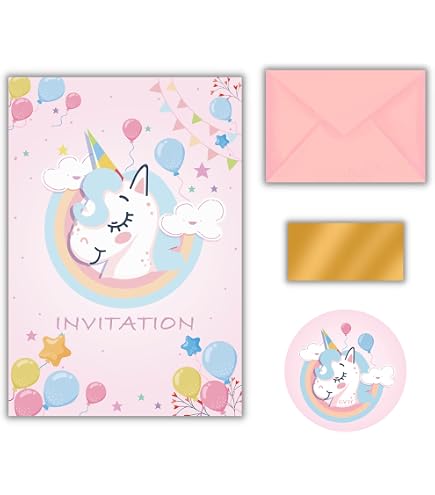 20 Licorne Invitations Anniversaire + 20 Enveloppes Texte en ançais