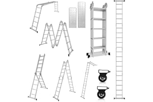 Gimisgu Scala multiuso da 5,8 m, 4 x 5 gradini, in alluminio, con 2 piattaforme e 2 ruote, scala articolare 7 in 1, 20 pioli, portata massima 150 kg
