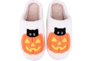 FIENZA Halloween Pumpkin Slippers for Womens Mens, Women's Fluffy Memory Foam Slippers Winter, Soft Plush Comfy Warm Spooky Halloween Pumpkin House Slip On Slippers for Autumn Winter