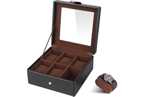 SHYOSUCCE 6 Fächer Uhrenbox mit Transparent Glasdeckel und Abnehmbare Samt Kissen, Uhrenkasten aus PU Leder, Schwarz(19.5x19.5x9.5cm)