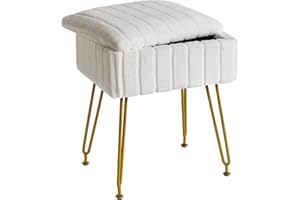 IBUYKE Taburete de Terciopelo, con Espacio de Almacenamiento, Taburete otomano, Mesa Lateral pequeña, con 4 piernas metálicas, pies Antideslizantes, Maquillaje, Dormitorio, Blanco