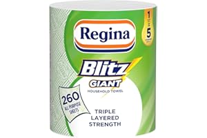 Regina Blitz Giant – 1 Roll Multi-Purpose Household Towels, 3 Ply, 260 Sheets Per Roll, Triple Layered Strength, Household Towels Made With Virgin Pulp, Recyclable Paper Packaging, and FSC Certified