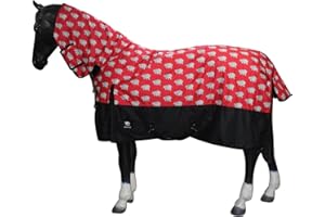 HORSE MASTERS Horsemasters Combo Hippo Waterproof Turnout Rug 200g – Lightweight Full Neck Horse Rug | Breathable 600D Ripstop Material, Adjustable Straps, Shoulder Gussets & Fun Animal Print Design,Red