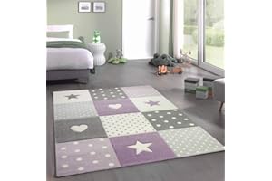 ‎TEPPICH-TRAUM Teppich-Traum Kinderzimmer Teppich Spiel & Baby Teppich Herz Stern Punkte Design in Lila Grau Creme Größe 200 x 290 cm