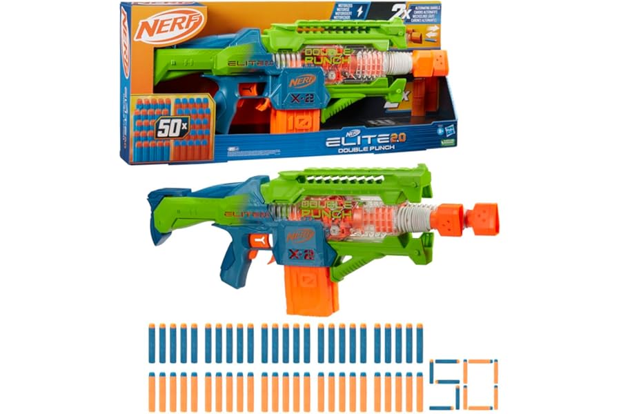 Nerf Elite 2.0 Double Punch Motorised Dart Blaster Toy For Kids | Rapid Alternating Barrels | with 50 Elite Foam Darts | Double Clip Blasting | Outdoor Games Gift Idea for 8+ Year Old Boys and Girls