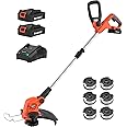 MAXLANDER 12 Inch 20V Cordless String Trimmer, 2 PCS 2.0Ah Battery Weed Wacker/Edger, 1 Quick Charger,6 PCS Replacement Spool Trimmer Lines, Length Adjustable, Powerful Lightweight Weed Eater