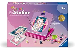 Ravensburger – CreArt Atelier – Peinture par Numéros Enfant Dès 7 Ans – 2 Tableaux Licorne et Chat Effet Doré – Chevalet Rechargeable – 25574