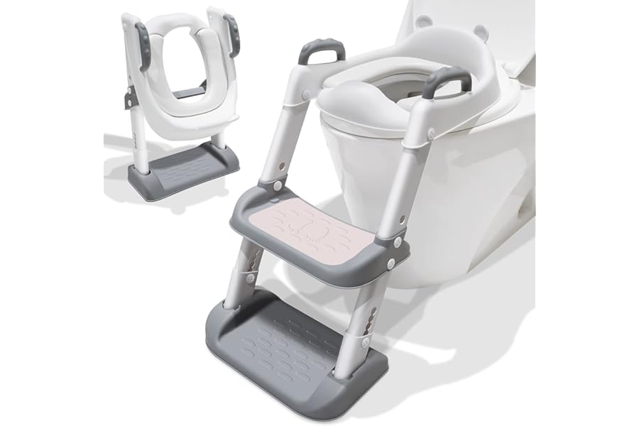 Toddler Toilet Seat Potty Training, Potty Training Toilet Seat with Step Anti Splash Soft Cushion Handle and Foldable for Kids Boys Child Toilet Training in Bathroom Grey and White
