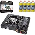 Portable Gas Cooker Stove with 4 Butane Canisters and Carry Case, Lightweight, Compact Outdoor Camping Stove, Premium Burner, Automatic Ignition (pack of 4)