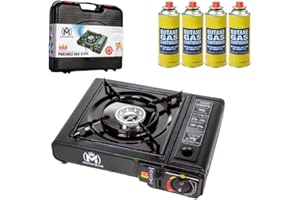 MASTER BRAND Portable Gas Cooker Stove with 4 Butane Canisters and Carry Case, Lightweight, Compact Outdoor Camping Stove, Premium Burner, Automatic Ignition (pack of 4)