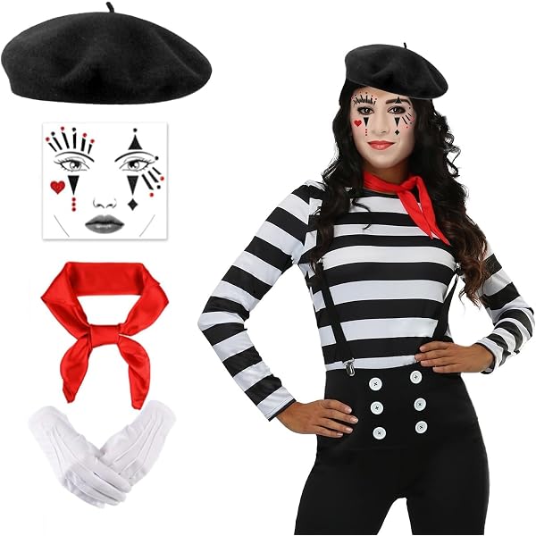 Disfraz De Mimo – Set De 6 Accesorios Con Boina, Bufanda, Guantes, Tirantes Y Tatuaje, Ideal Para Halloween Y Carnaval