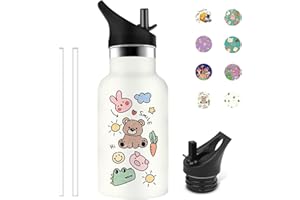 Grsta Gourde Enfant, 350ml Gourde Isotherme, Gourde Inox sans BPA, Gourde avec Paille Anti-Fuite, Facile à Nettoyer, Gourde Personnalisée Froid&Chaud, pour l'enfant 1/2/3 -year -old, Blanc-Ours