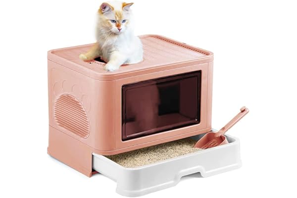 Bac à Litière pour Chat,Grande Maison de Toilette Chat Pliable avec Couvercle,Bac de Tiroir et Pelle à Litière,Portable,WC pour Chats avec Couvercle (48.5 * 36.5 * 38cm PP-Rose)
