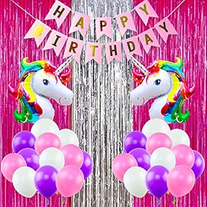 Party Propz Unicorn Theme Birthday Decorations Items Combo Set - 36Pcs Kit with Banner, Unicorn Foil Balloons, Foil Curtains, Metallic Rubber Balloons for Bday Decoration for Girls, Boys, Kids, Baby