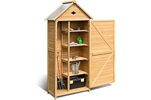 DREAMADE Abri de Jardin en Bois, Armoire de Jardin Remise pour Outils, avec 5 Étagères, Une Porte et Toit Double Pente pour Jardin, Balcon ou Terrasse, Jaune (Bois, 80x45x176 CM)