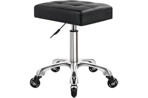 WKWKER Wytrzymały stołek na kółkach z kółkami, hydrauliczny obrotowy, regulowany, stołek na kółkach, ergonomiczny, gruby, skórzany, stołek, do kuchni, biura, salonu, wiadomości, stołek, czarny